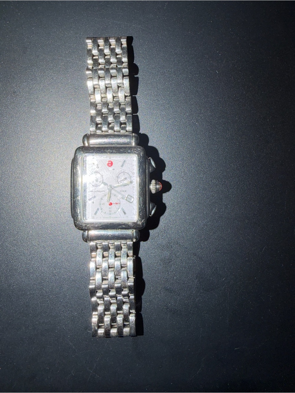 Michele Silver Women’s Chronograph Stainless Steel Link Watch with Red Accents